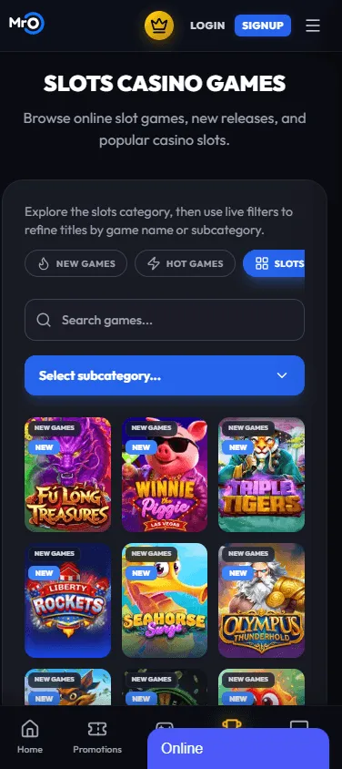 Mr. O Casino mobile games interface with casino categories