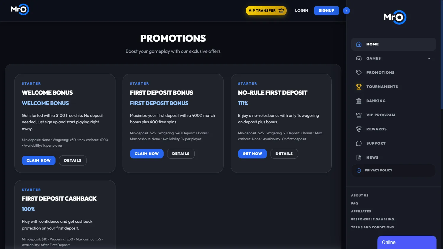 Mr. O Casino desktop promotions interface with bonus offers