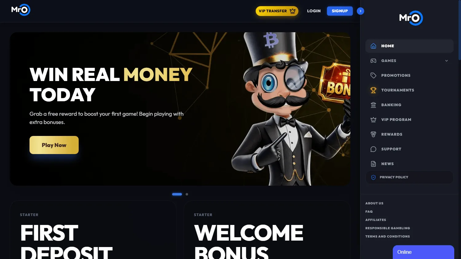 Mr. O Casino desktop home interface with casino offers and account access