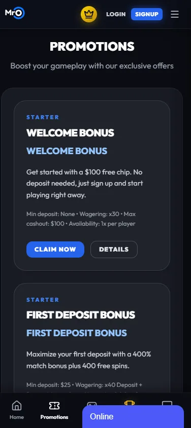 Mr. O Casino mobile promotions interface with bonus offers
