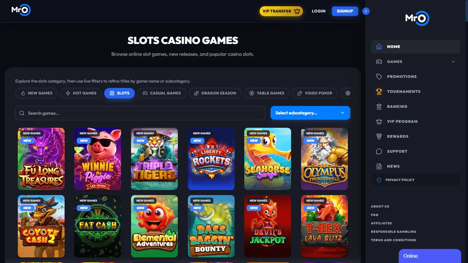 Mr. O Casino desktop games interface with casino categories