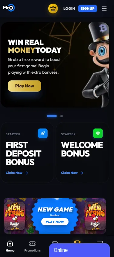 Mr. O Casino mobile home interface on a responsive browser